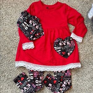 Unique Baby Valentine's Red Long Sleeve Dress with Heart Print Leggings & Scarf